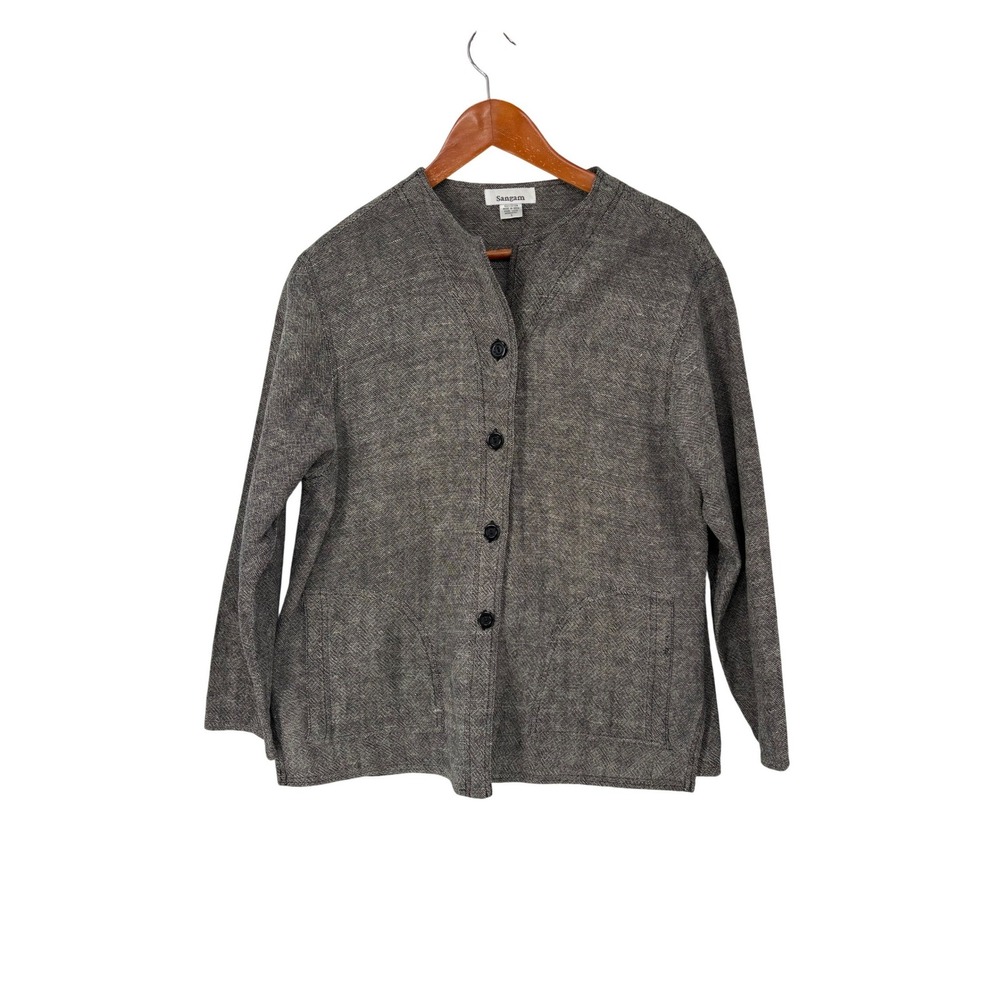 Sangam Womens Grey Textured 100% Cotton Collarless Jacket Size S Lagenlook